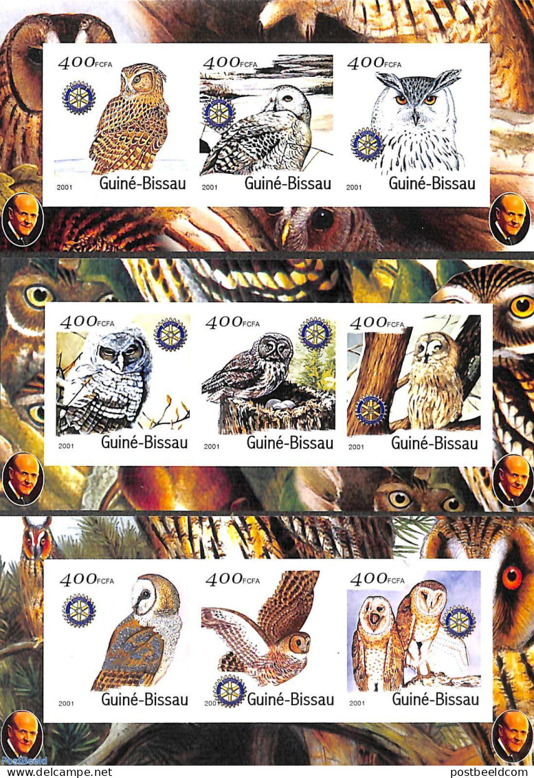 Guinea Bissau 2001 Owls, Rotary 3 M/s, Imperforated, Mint NH, Nature - Various - Birds - Owls - Rotary - Rotary, Club Leones