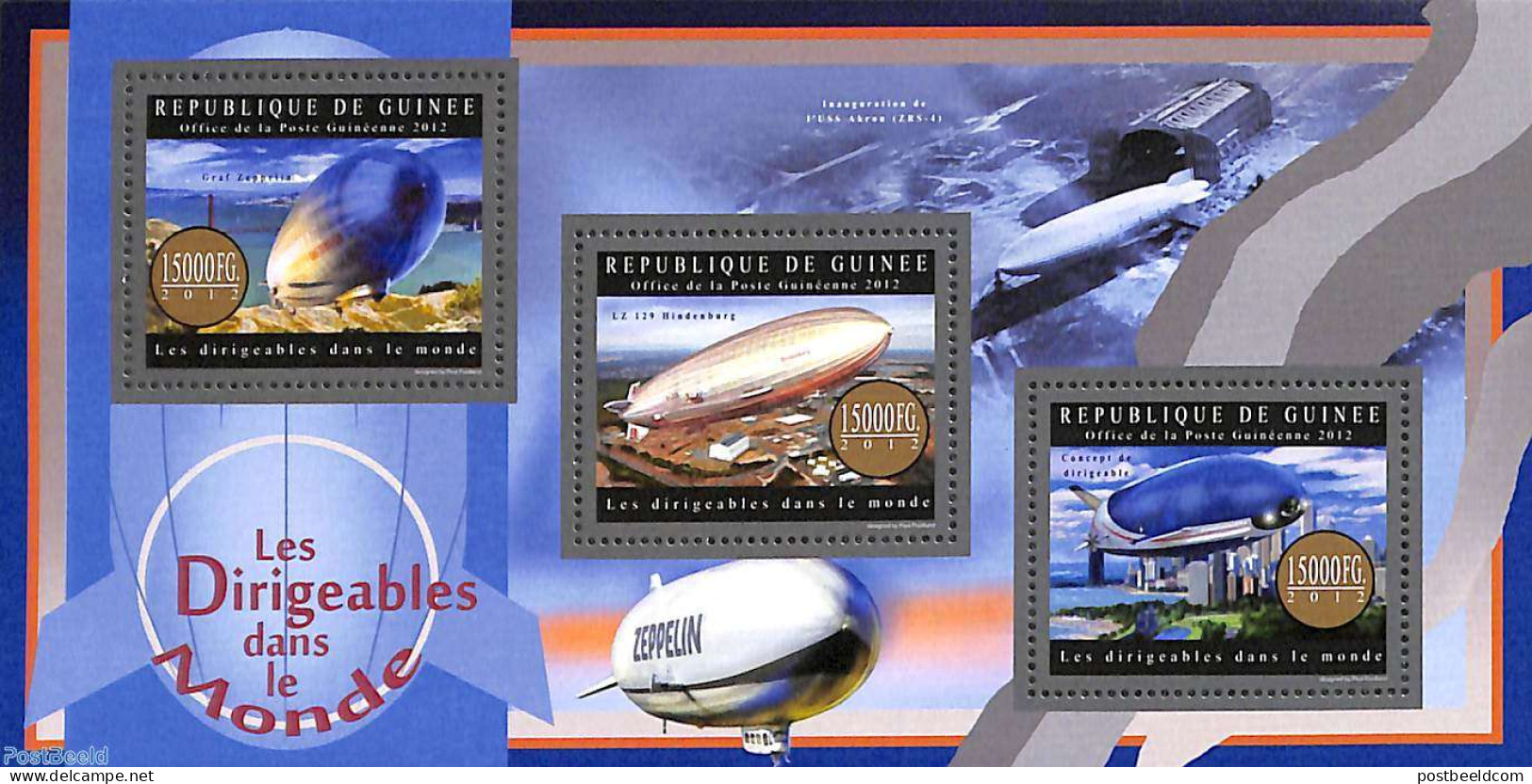 Guinea, Republic 2012 Zeppelins 3v M/s, Mint NH, Transport - Zeppelins - Zeppelins