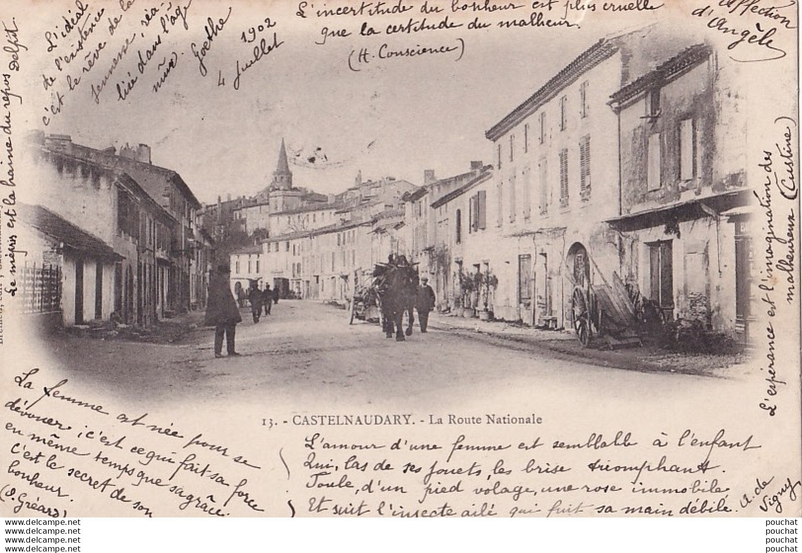 A9-11) CASTELNAUDARY - LA ROUTE NATIONALE - ( ANIMEE - HABITANTS - ATTELAGE CHEVAL - OBLITERATION DE 1902 - 2 SCANS )  - Castelnaudary