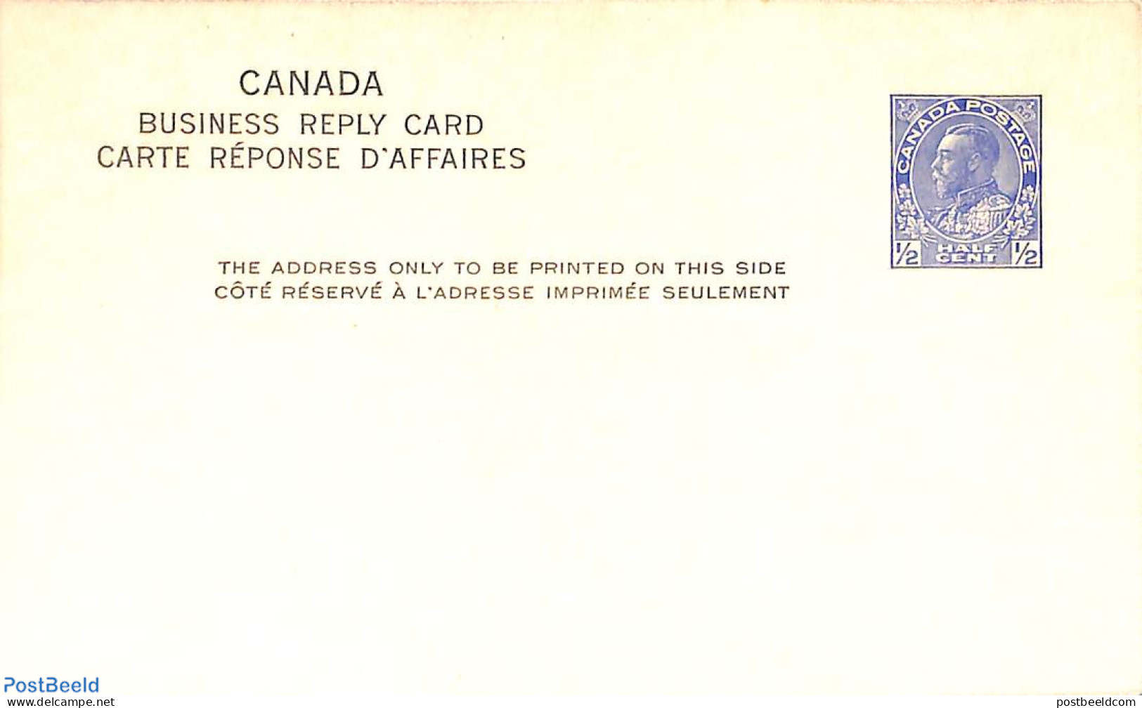 Canada 1925 Business Reply Card 1/2c, Unused Postal Stationary - Storia Postale