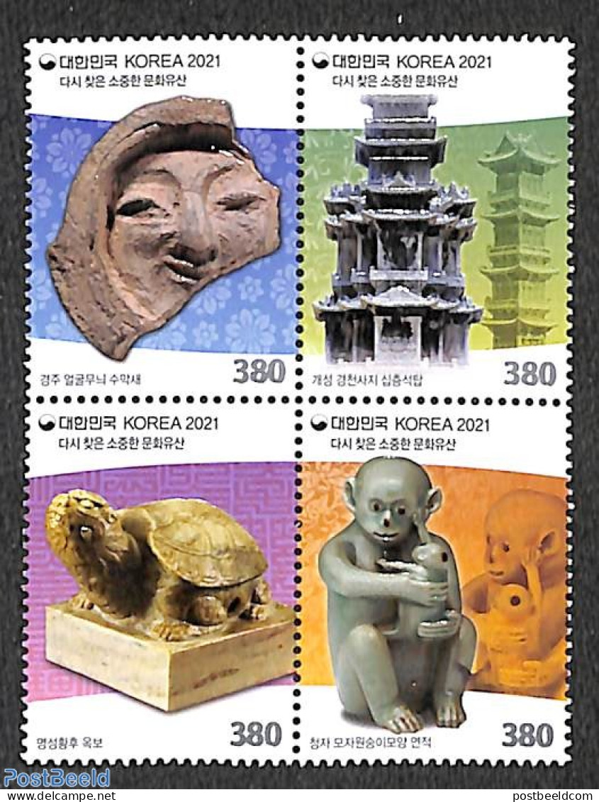 Korea, South 2021 Repatriated Cultural Heritage 4v [:::] Or [+], Mint NH, Nature - Monkeys - Turtles - Art - Ceramics .. - Porcelaine