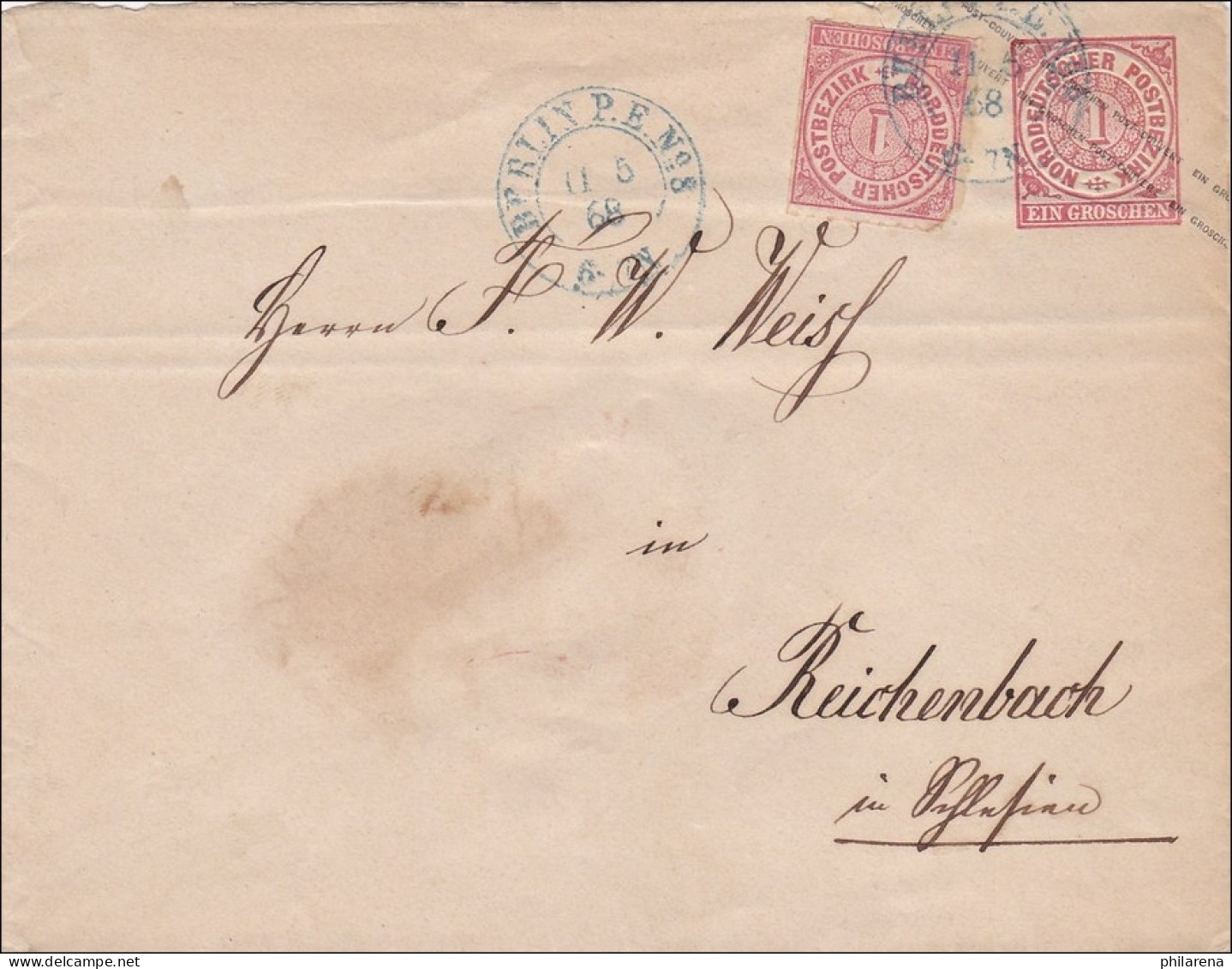 NDP: Ganzsachenumschlag Von Berlin PE08 Nach Reichenbach 1868 - Lettres & Documents