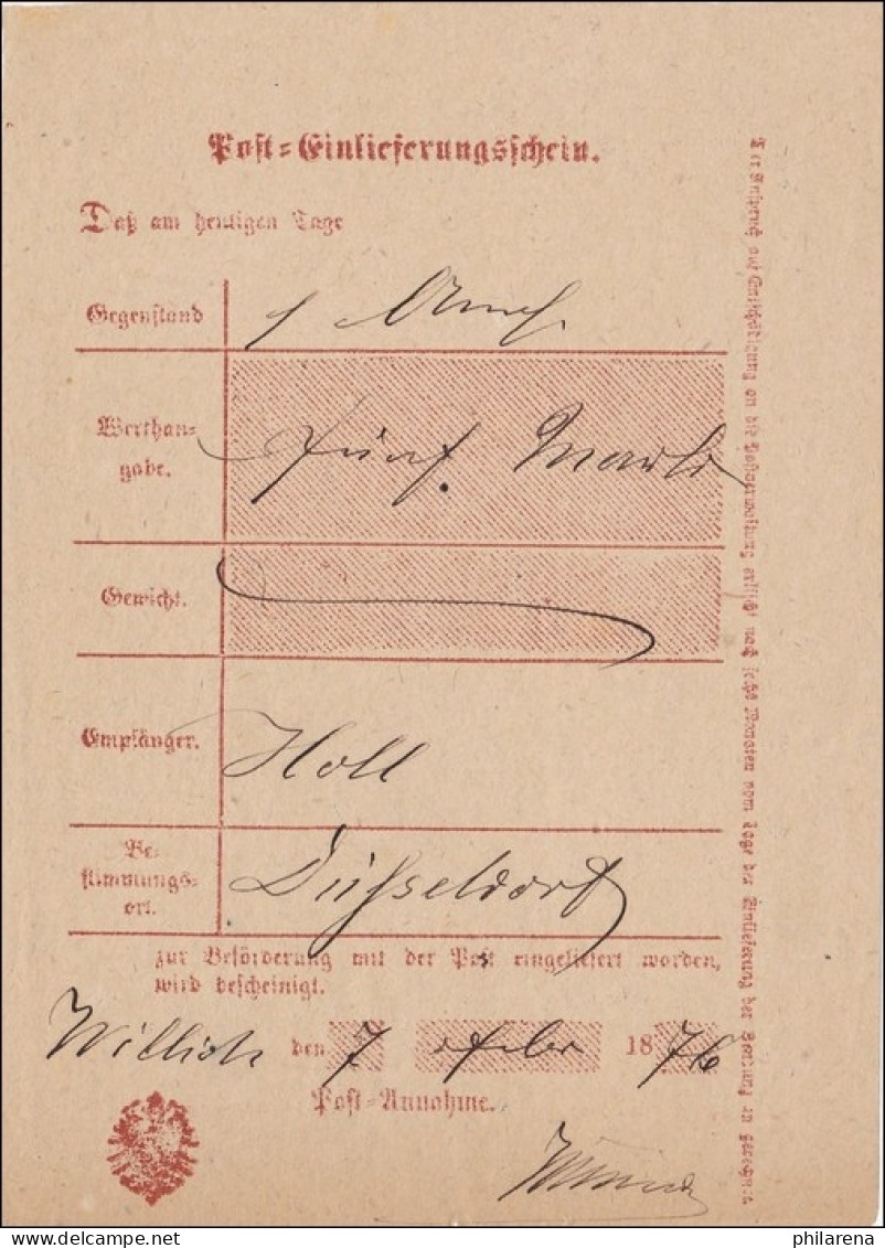 Preussen: Einlieferungsschein Von Willich 1876 - Other & Unclassified