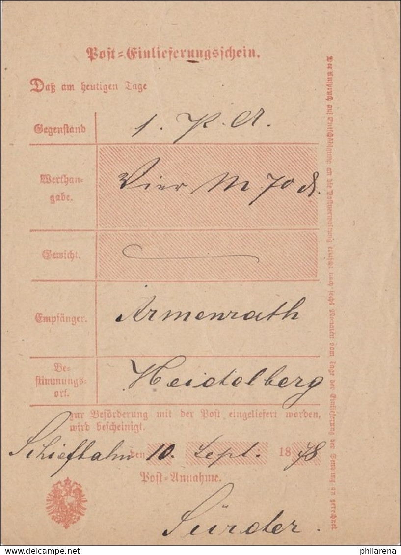 Preussen: Einlieferungsschein Von Schiefbahn 1878 - Other & Unclassified