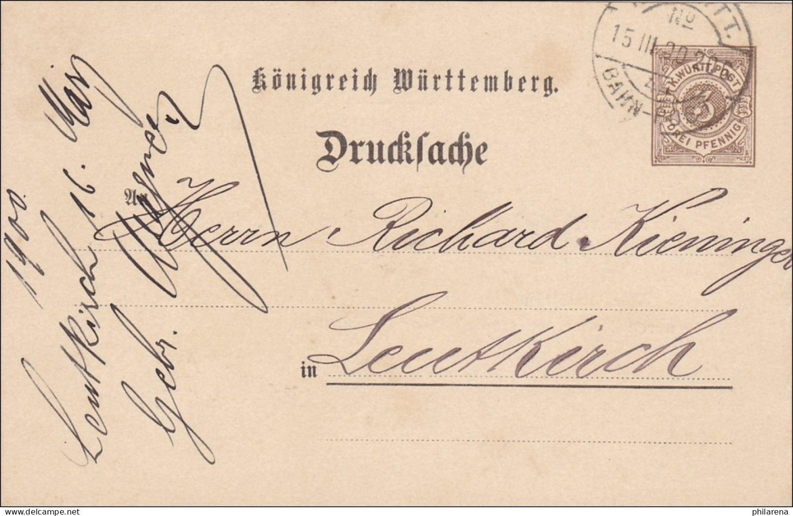 Württemberg: Ganzsache Drucksache Von Reutlingen - Bahnpost Nach Leutkirch 1900 - Brieven En Documenten