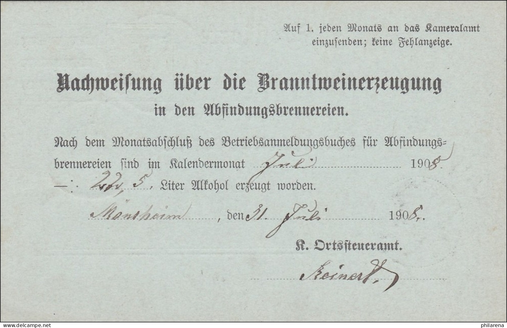 Württemberg: Postkarte Mönsheim An Das Kameralamt Leonberg 1908 - Lettres & Documents