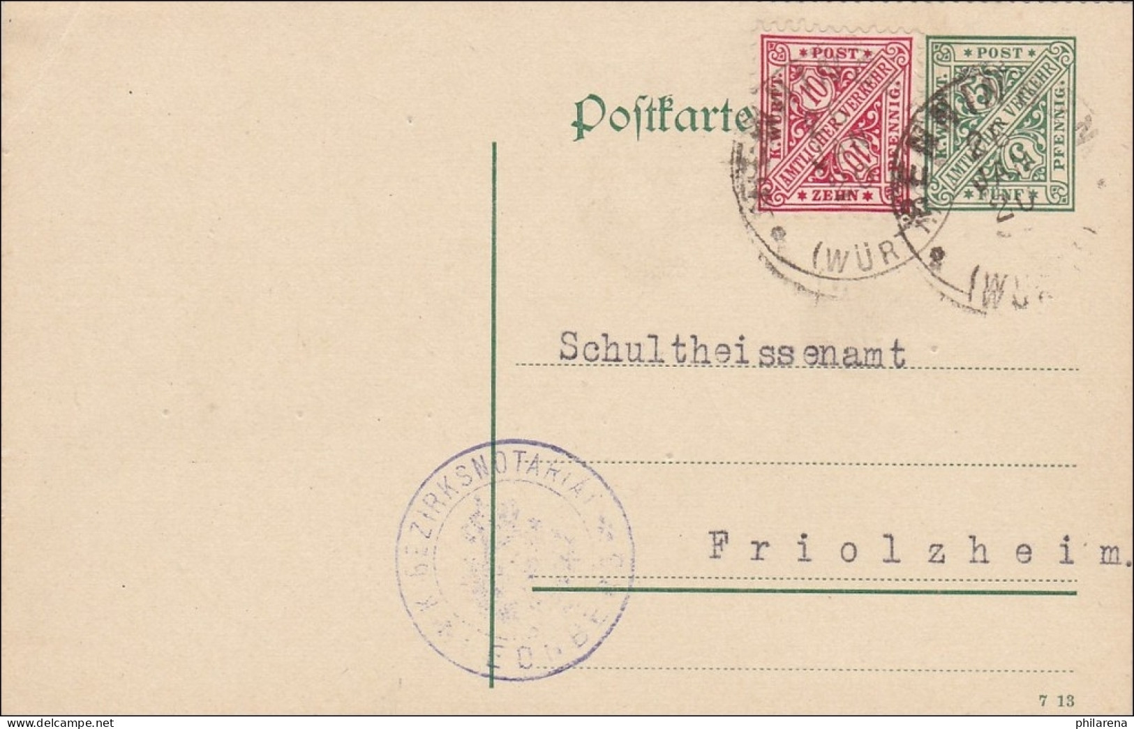 Württemberg:  Postkarte Renningen Nach Friolsheim 1920 - Brieven En Documenten