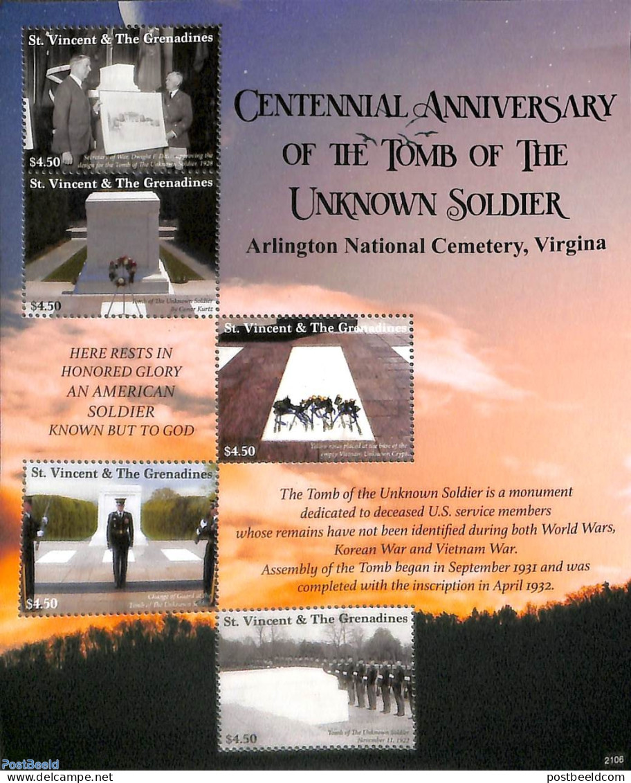 Saint Vincent 2021 Tomb Of The Unknown Soldier 5v M/s, Mint NH, History - Militarism - Militares
