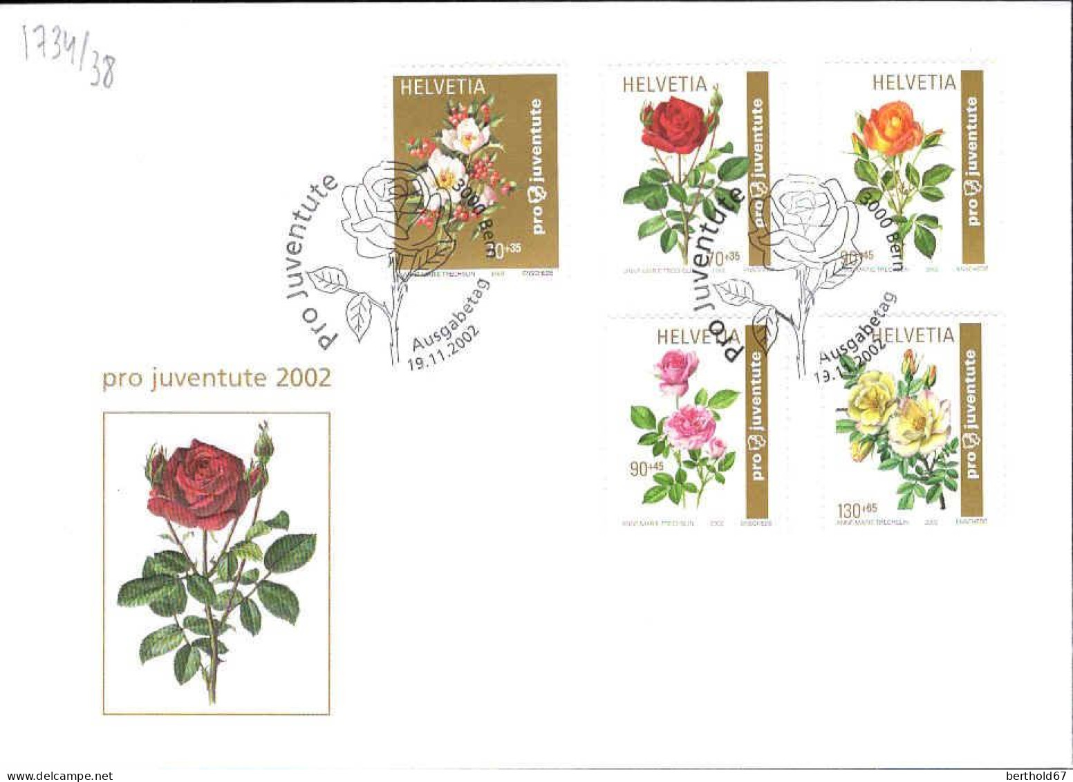 Suisse Poste Obl Yv:1734/1738 Pro Juventute Roses Bern 19-11-2002 Fdc - Usati