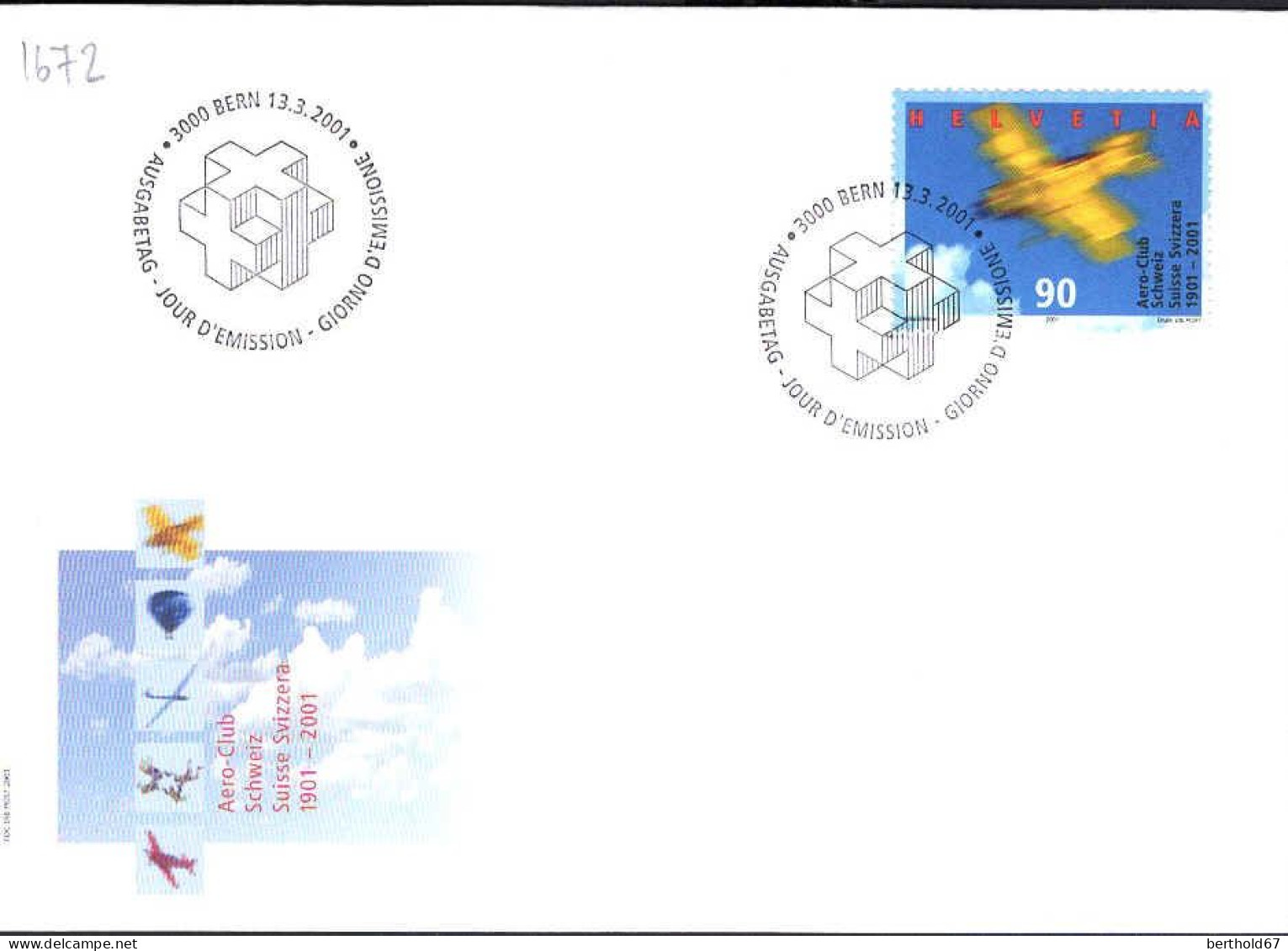 Suisse Poste Obl Yv:1672 Mi:1747 Aero-Club Schweiz (TB Cachet à Date) Bern 13-3-2001 Fdc - Used Stamps