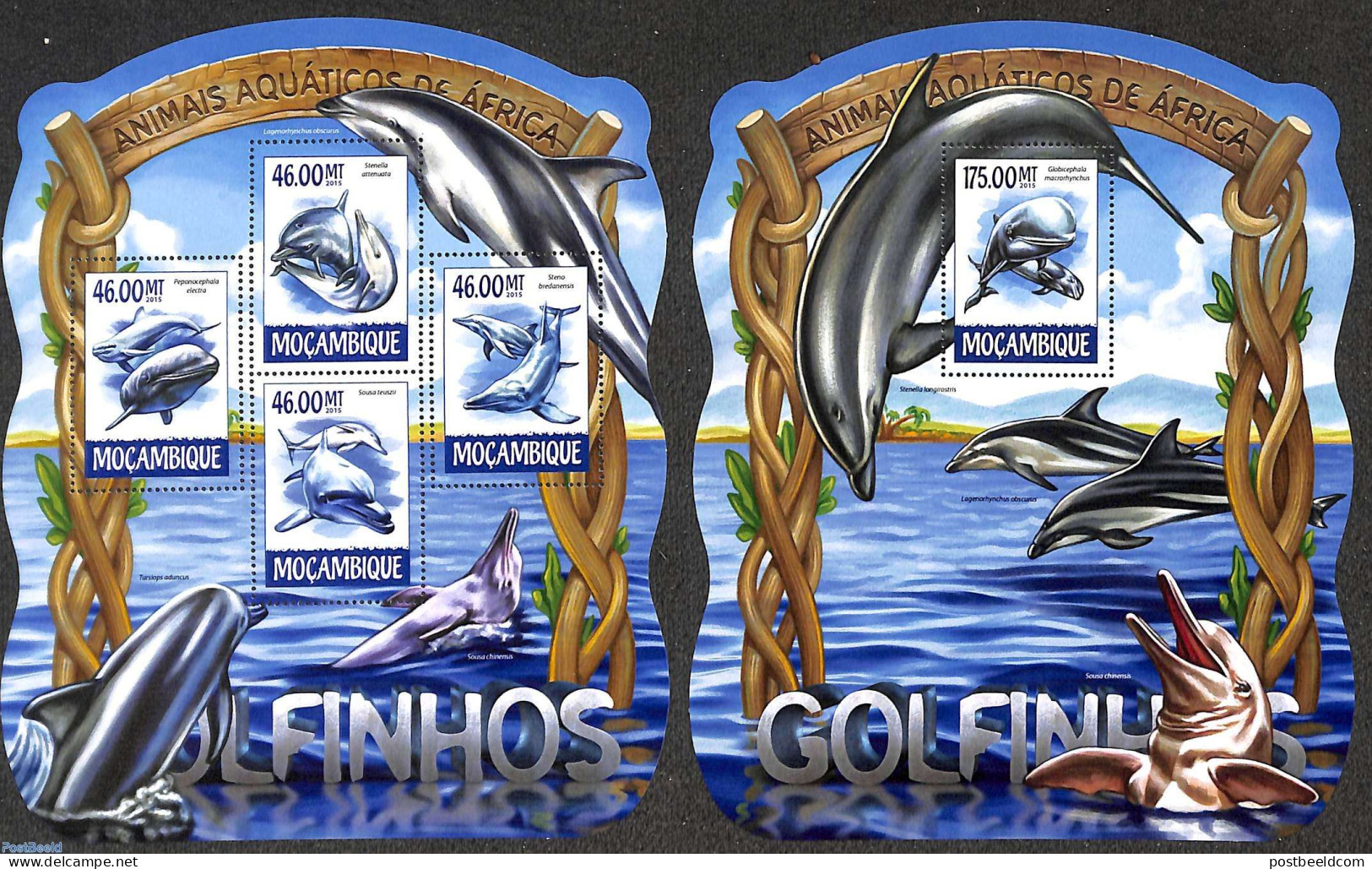 Mozambique 2015 Dolphins 2 S/s, Mint NH, Nature - Sea Mammals - Mozambique