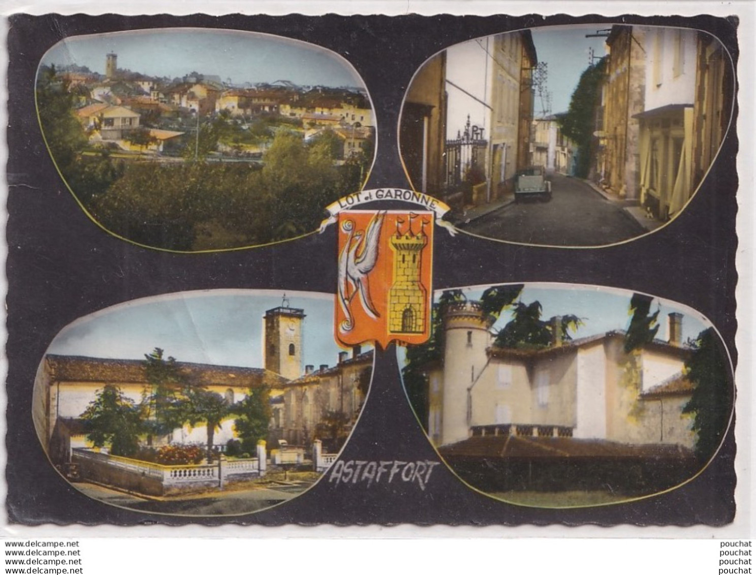 47) ASTAFFORT - VUE GENERALE , RUE FELIX CASSAGNAN , MONUMENT AUX MORTS , EGLISE , CHATEAU DU PE CASSE - 1990 - 2 SCANS - Astaffort