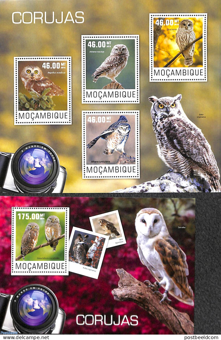 Mozambique 2014 Owls 2 S/s, Mint NH, Nature - Birds - Birds Of Prey - Owls - Mosambik