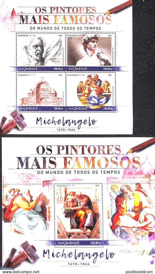 Mozambique 2016 Michelangelo 2 S/s, Mint NH, Art - Michelangelo - Paintings - Sculpture - Sculpture