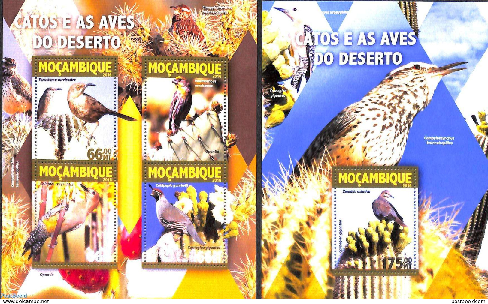 Mozambique 2016 Desert Birds 2 S/s, Mint NH, Nature - Birds - Cacti - Sukkulenten