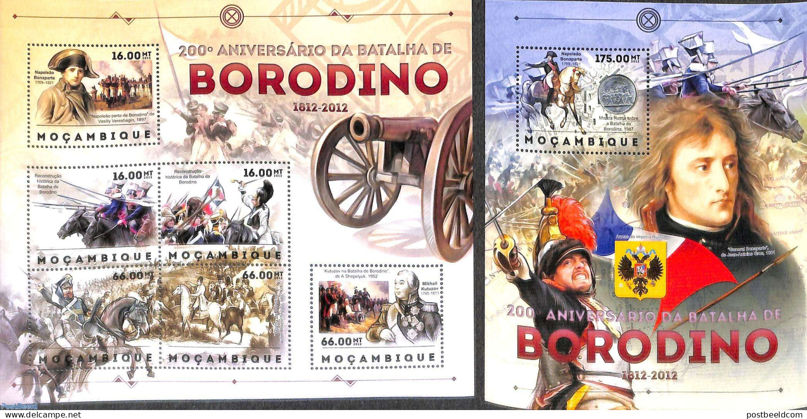 Mozambique 2012 Battle Of Borodino 2 S/s, Mint NH, History - Nature - Napoleon - Horses - Napoleone