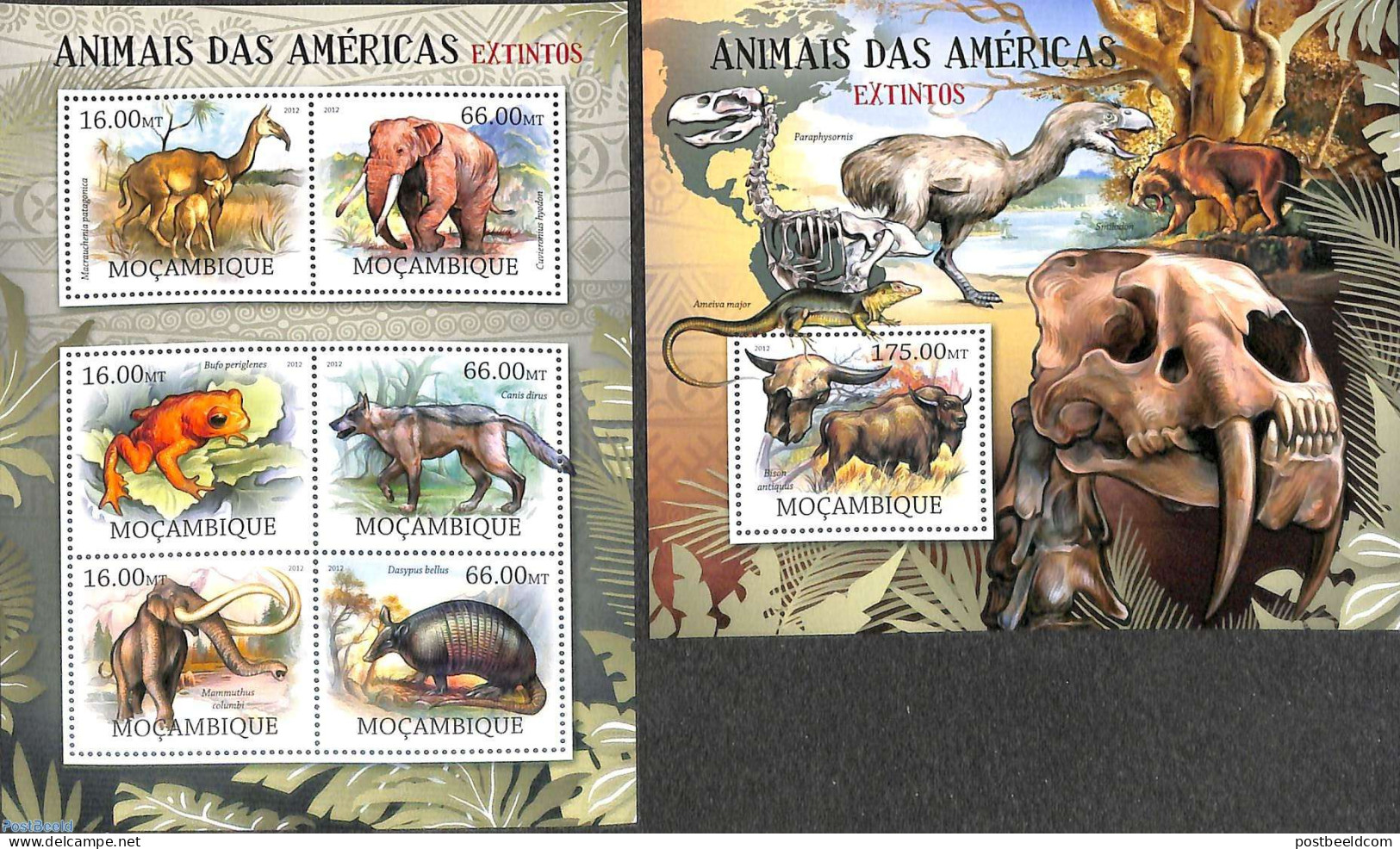 Mozambique 2012 Extinct American Animals 2 S/s, Mint NH, Nature - Animals (others & Mixed) - Elephants - Frogs & Toads - Mozambique