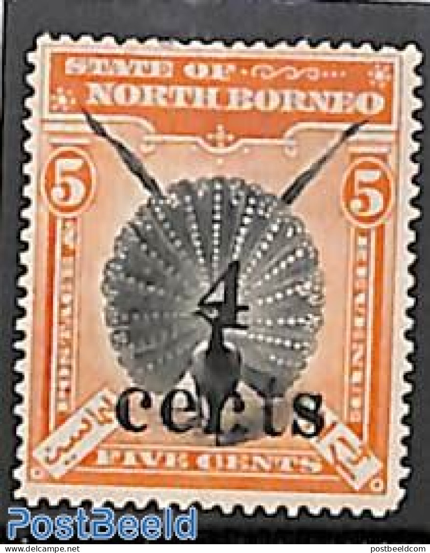 North Borneo 1904 4c On 5c, Stamp Out Of Set, Unused (hinged), Nature - Birds - Poultry - Nordborneo (...-1963)