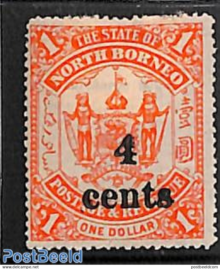 North Borneo 1904 4c On 1$, Stamp Out Of Set, Unused (hinged), History - Coat Of Arms - North Borneo (...-1963)