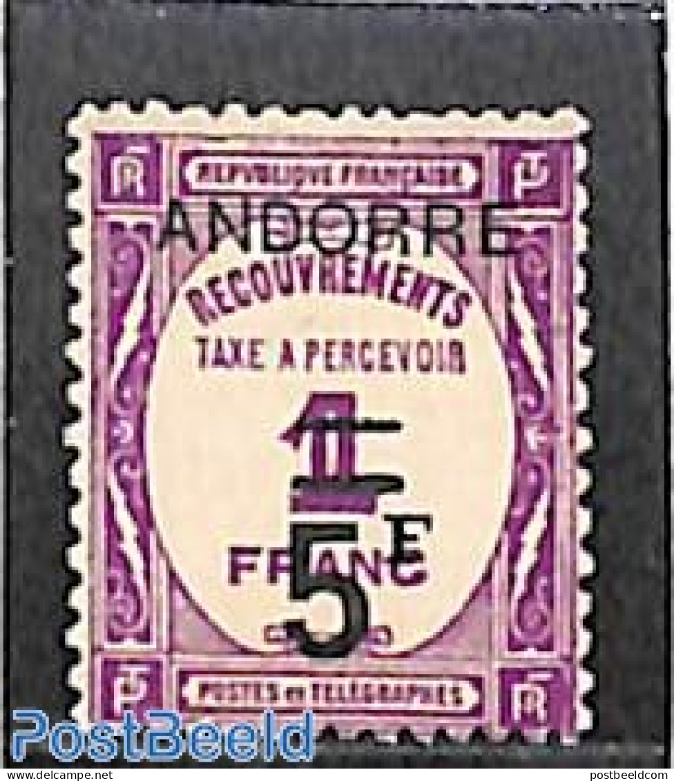 Andorra, French Post 1931 Postage Due 5fr On 1fr, Stamp Out Of Set, Mint NH - Andere & Zonder Classificatie