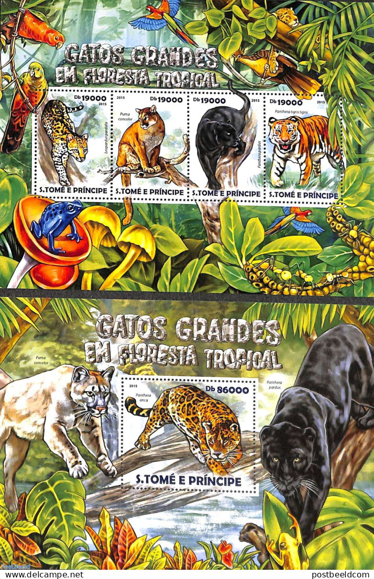 Sao Tome/Principe 2015 Big Cats 2 S/s, Mint NH, Nature - Animals (others & Mixed) - Cat Family - Sao Tome Et Principe