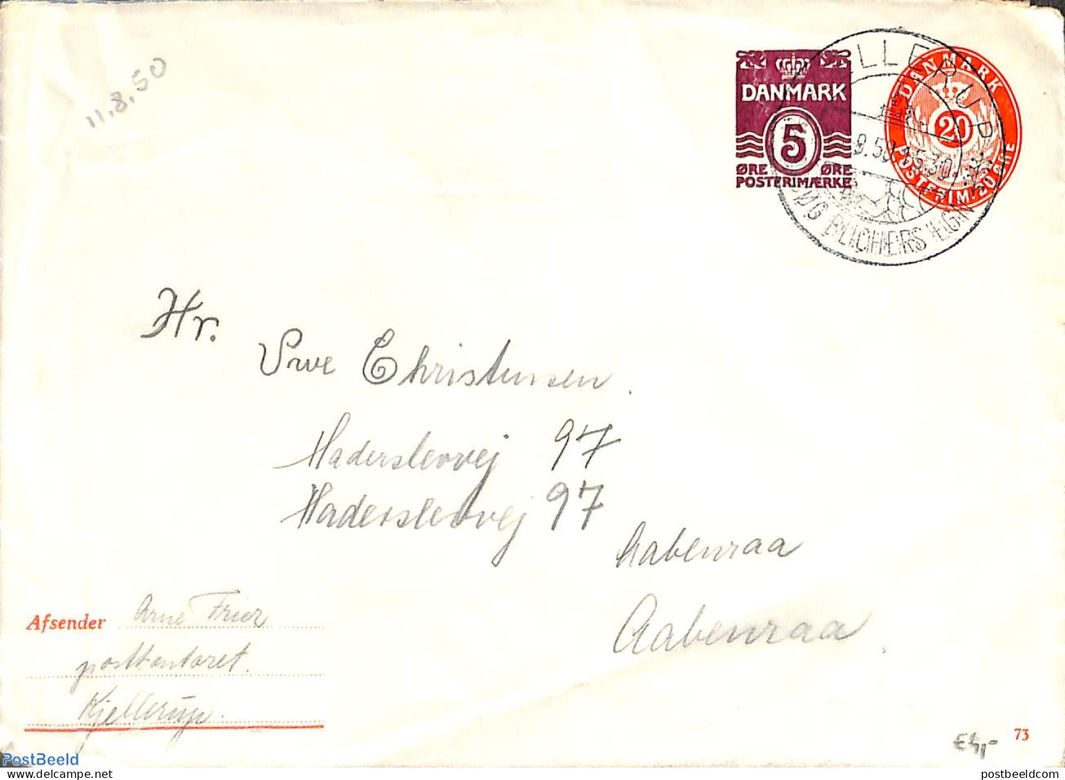 Denmark 1950 Envelope 5+20o, Used, Used Postal Stationary - Briefe U. Dokumente