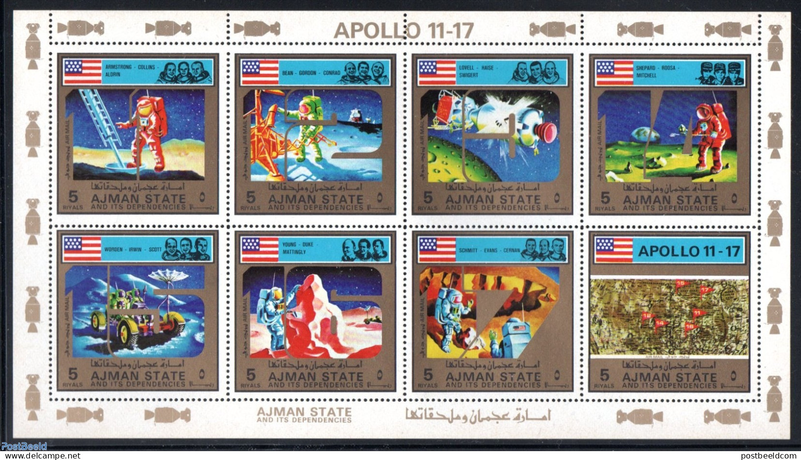 Ajman 1972 Space Apollo 8v M/s, Mint NH, History - Transport - Various - Flags - Space Exploration - Maps - Geography