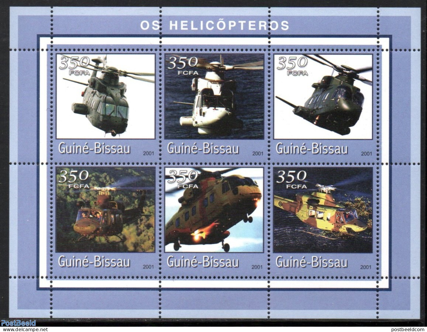 Guinea Bissau 2001 Helicopters 6v M/s, Mint NH, Transport - Helicopters - Aircraft & Aviation - Hélicoptères