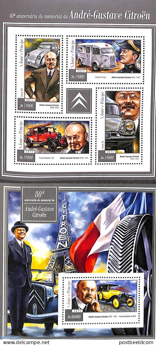 Sao Tome/Principe 2015 André-Gustave Citroën 2 S/s, Mint NH, Health - Transport - Red Cross - Automobiles - Fire Fig.. - Red Cross