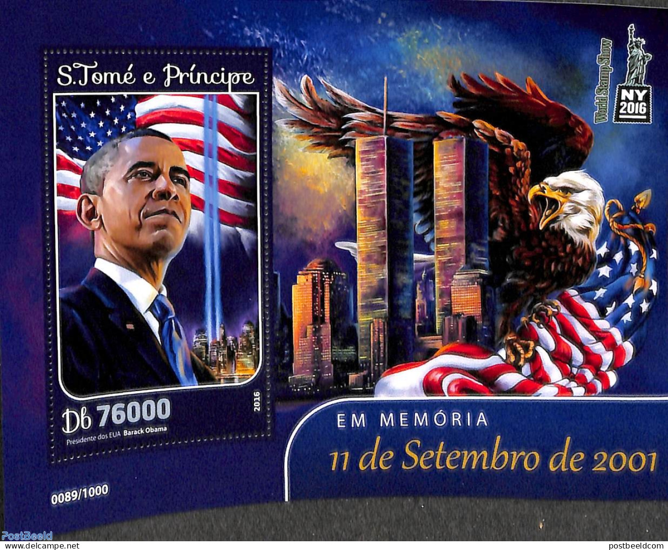 Sao Tome/Principe 2016 September 11 2001, S/s, Mint NH, History - Nature - American Presidents - Birds - Sao Tome Et Principe