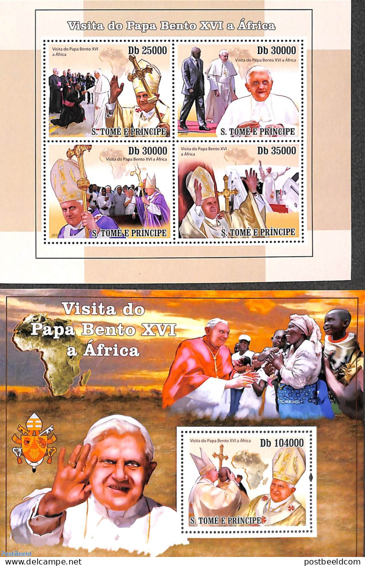 Sao Tome/Principe 2010 Pope Benedict XVI 2 S/s, Mint NH, Religion - Various - Pope - Maps - Pausen