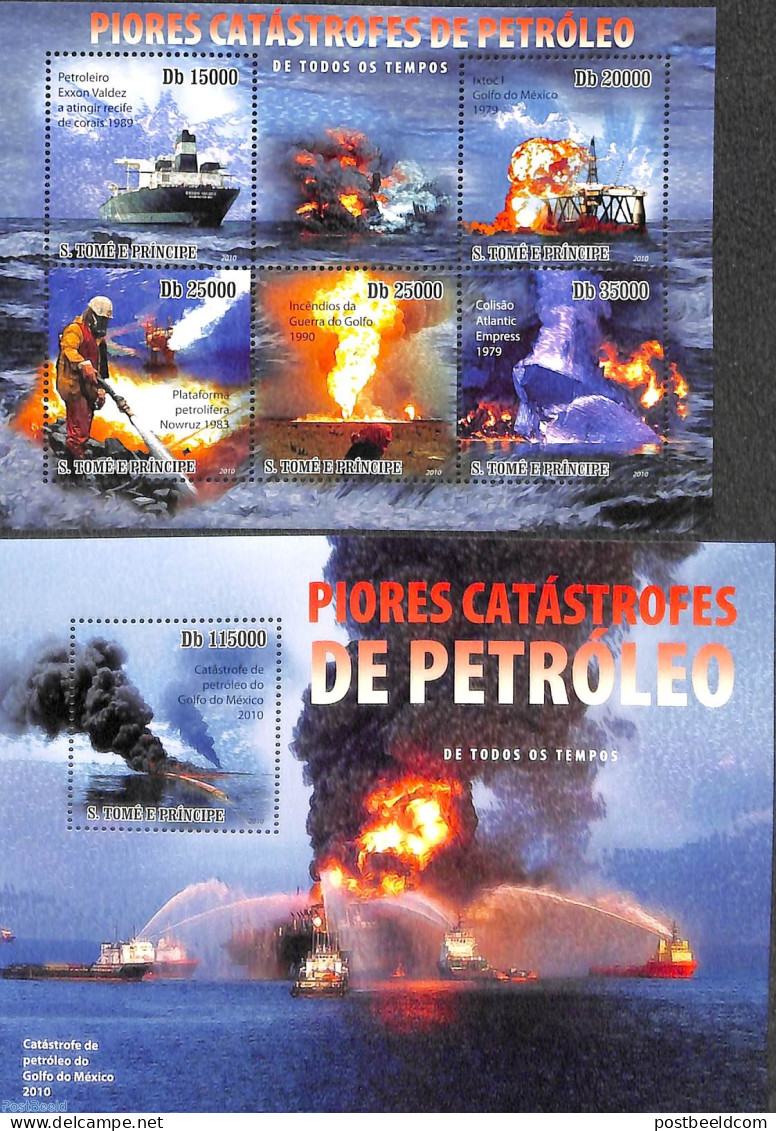 Sao Tome/Principe 2010 Petrol Disasters 2 S/s, Mint NH, History - Science - Transport - Mining - Fire Fighters & Preve.. - Sapeurs-Pompiers