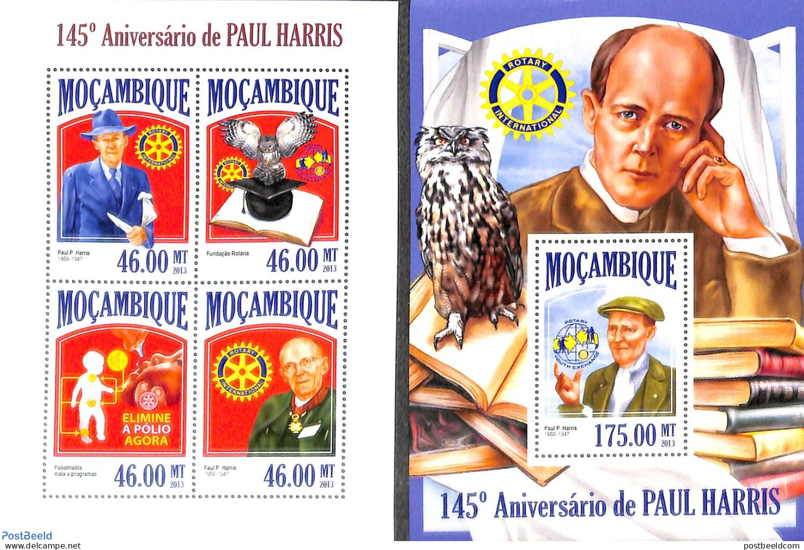 Mozambique 2013 Paul Harris, Rotary 2 S/s, Mint NH, Nature - Various - Owls - Rotary - Rotary, Club Leones
