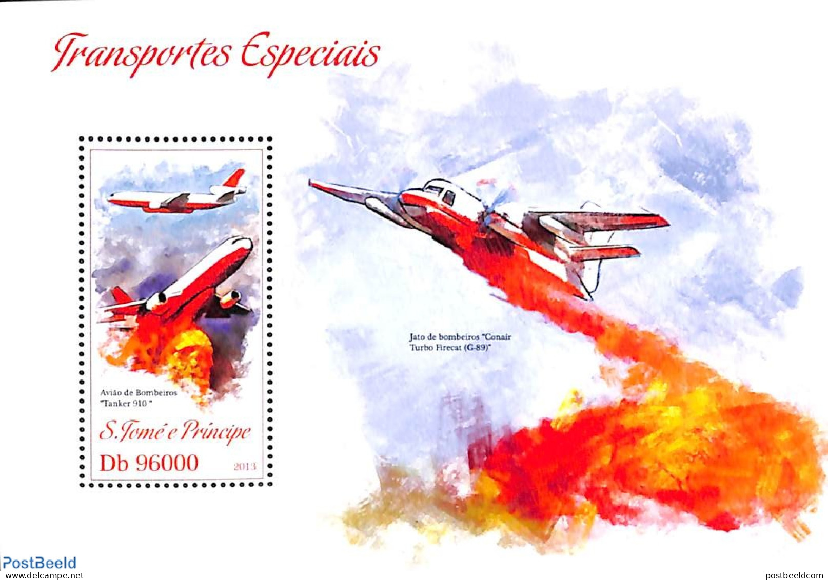 Sao Tome/Principe 2013 Special Transport S/s, Mint NH, Transport - Fire Fighters & Prevention - Aircraft & Aviation - Pompieri