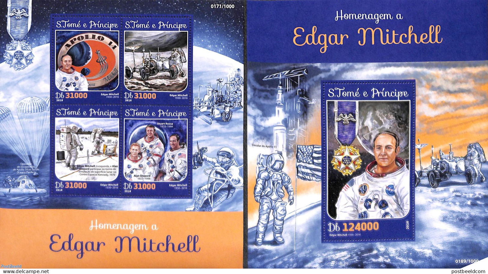 Sao Tome/Principe 2016 Edgar Mitchell 2 S/s, Mint NH, History - Transport - Decorations - Space Exploration - Militares