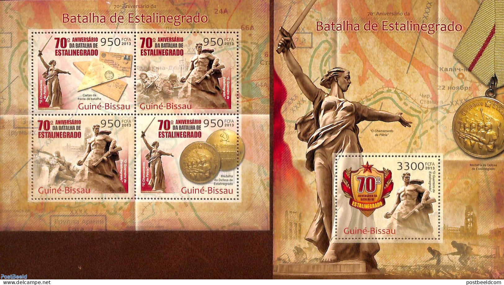 Guinea Bissau 2013 Battle Of Stalingrad 2 S/s, Mint NH, History - World War II - Stamps On Stamps - Art - Sculpture - WW2