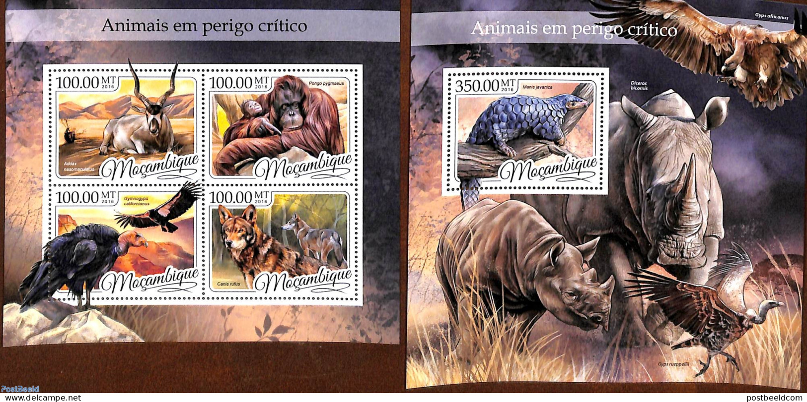 Mozambique 2016 Endangered Animals 2 S/s, Mint NH, Nature - Animals (others & Mixed) - Birds - Birds Of Prey - Monkeys - Mozambique
