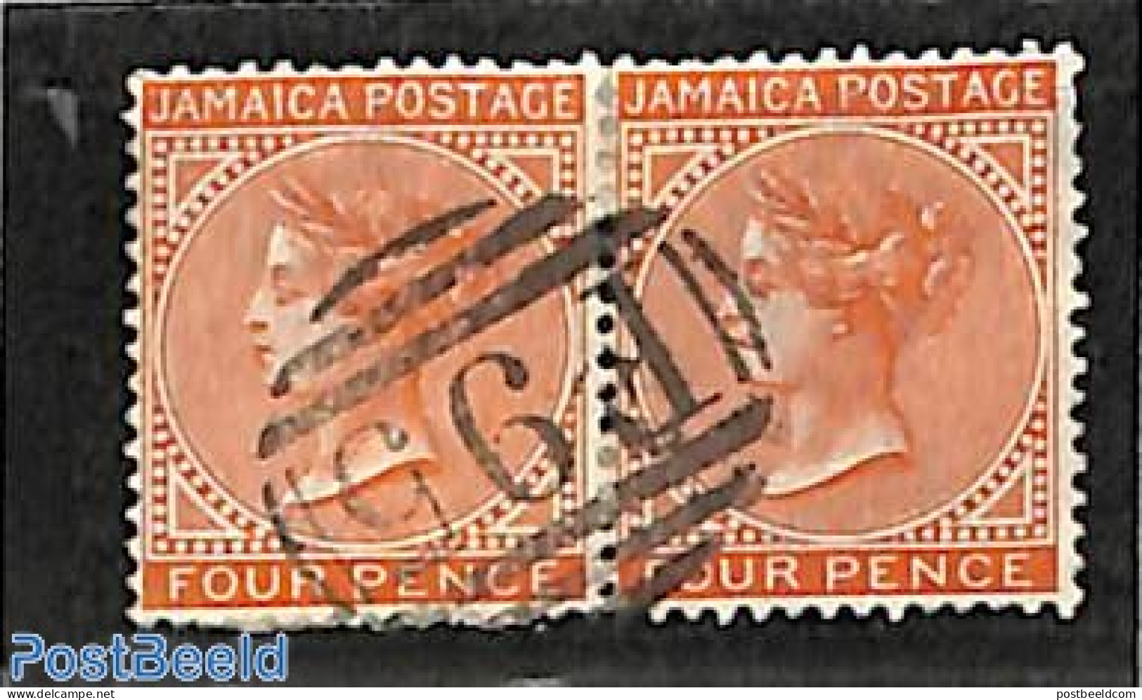 Jamaica 1883 4d, WM Crown-CA Used Pair F95 (=Watson's Hill), Used Stamps - Jamaica (1962-...)