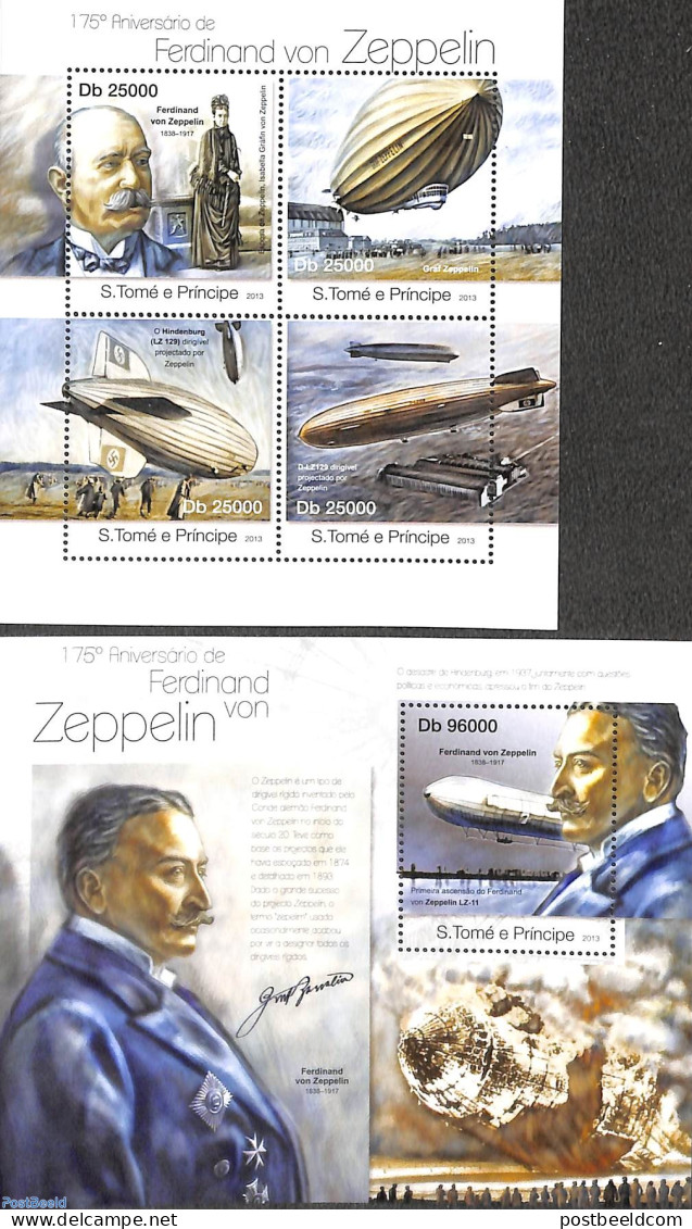 Sao Tome/Principe 2013 Ferdinand Von Zeppelin 2 S/s, Mint NH, History - Transport - Germans - Zeppelins - Disasters - Zeppelins