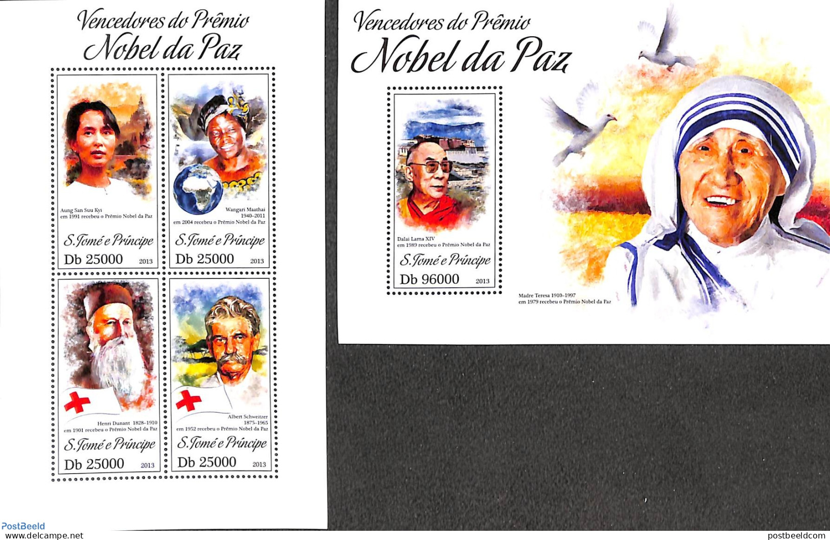 Sao Tome/Principe 2013 Nobel Prize For Peace 2 S/s, Mint NH, Health - History - Red Cross - Nobel Prize Winners - Croce Rossa
