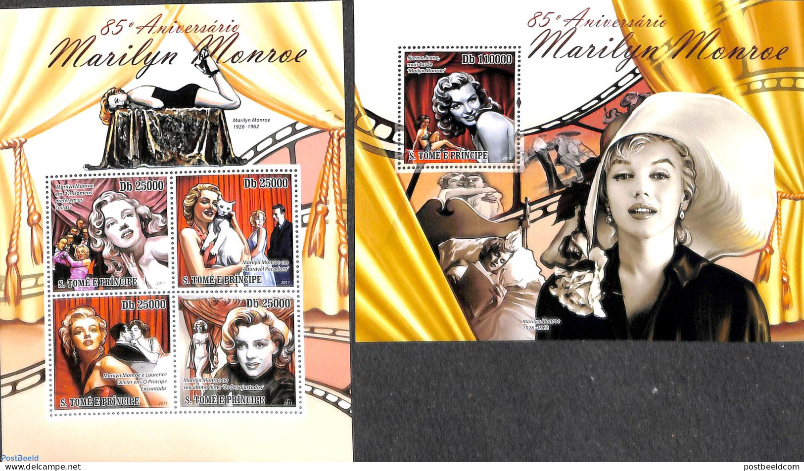 Sao Tome/Principe 2011 Marilyn Monroe 2 S/s, Mint NH, Nature - Performance Art - Cats - Marilyn Monroe - Movie Stars - Schauspieler