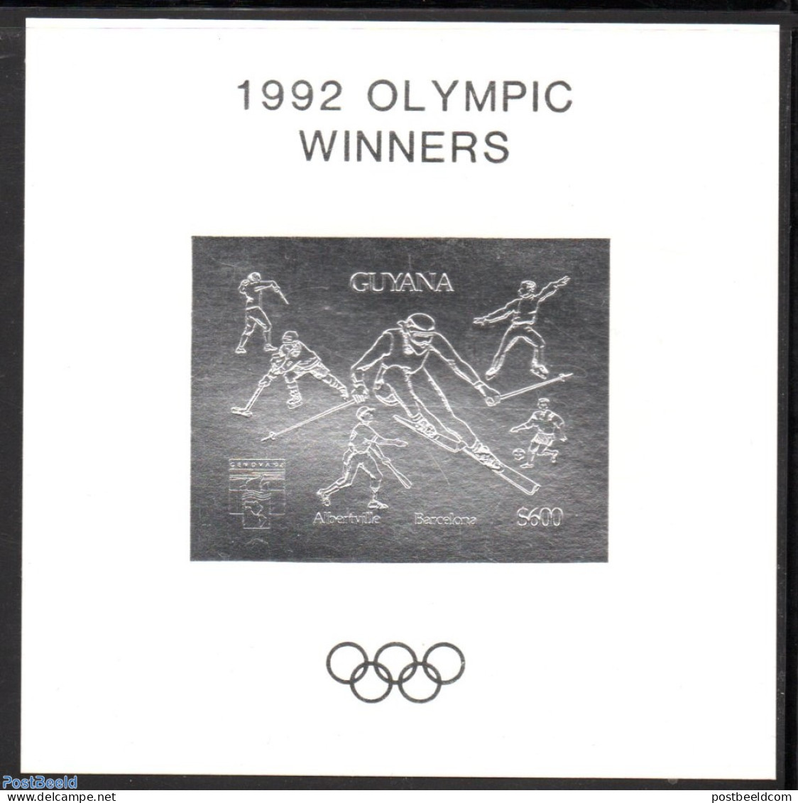 Guyana 1992 Genova 92, Sports S/s, Silver (white Version With Text), Mint NH, Sport - Baseball - Fencing - Football - .. - Honkbal