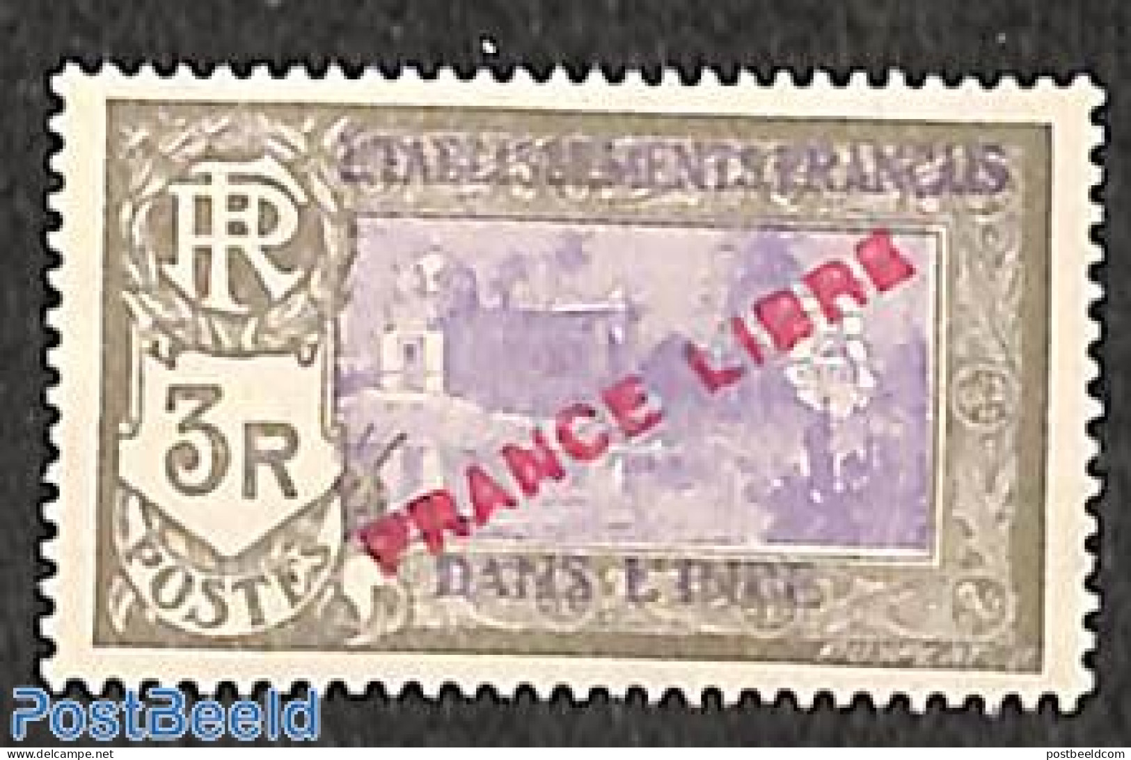 French India 1941 3R, FRANCE LIBRE, Stamp Out Of Set, Mint NH - Unused Stamps
