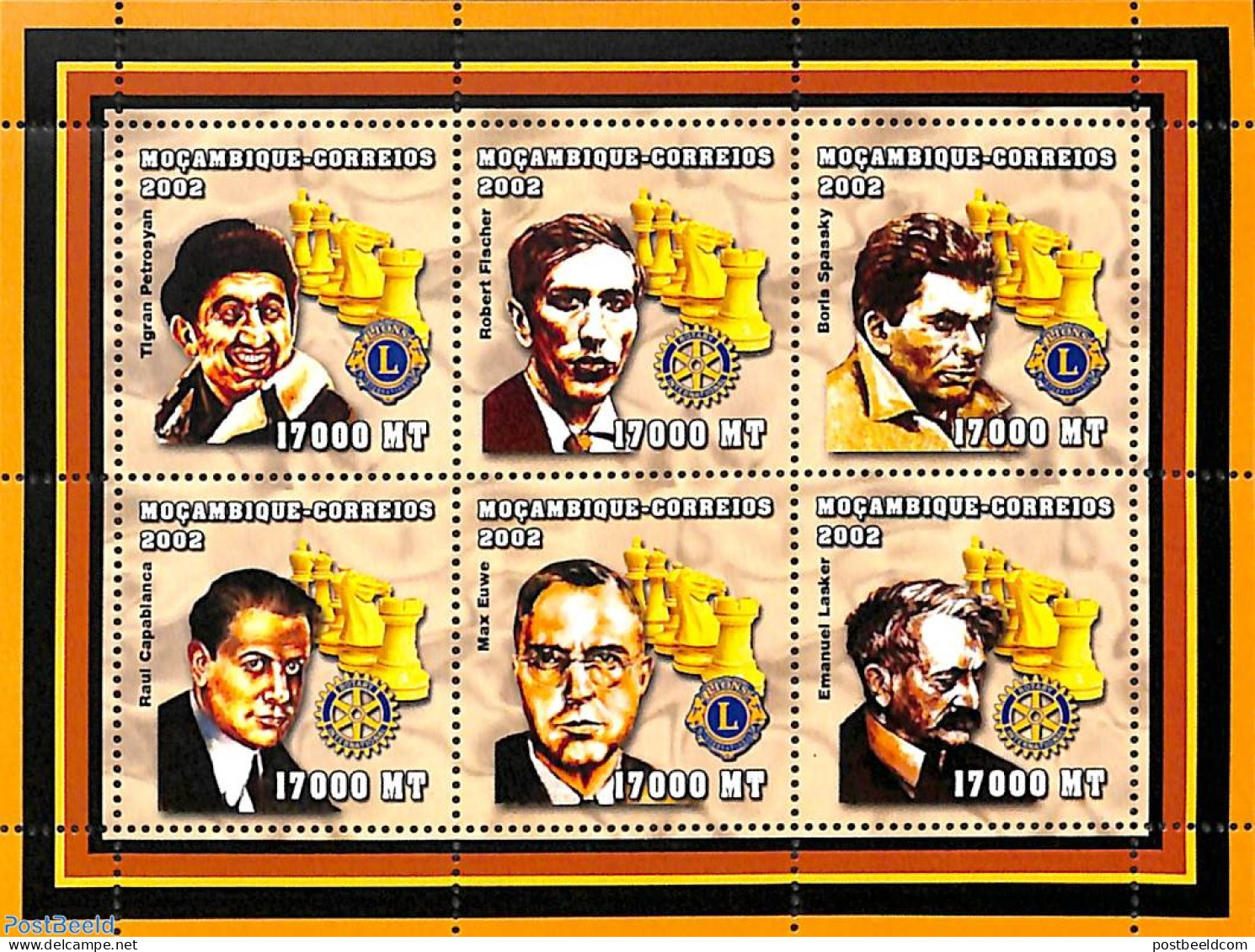 Mozambique 2002 Chess 6v M/s, Mint NH, Sport - Various - Chess - Lions Club - Rotary - Schach