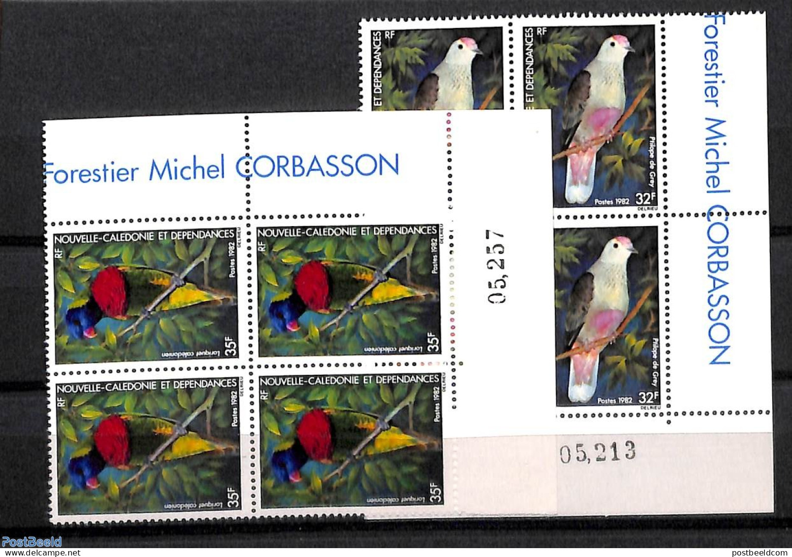 New Caledonia 1982 Birds, Corner Blocks Of 4 [+], Mint NH, Nature - Birds - Parrots - Pigeons - Ongebruikt