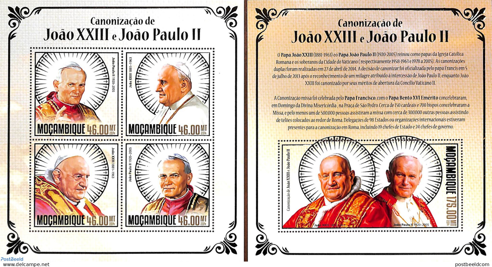 Mozambique 2014 Popes 2 S/s, Mint NH, Religion - Pope - Religion - Popes