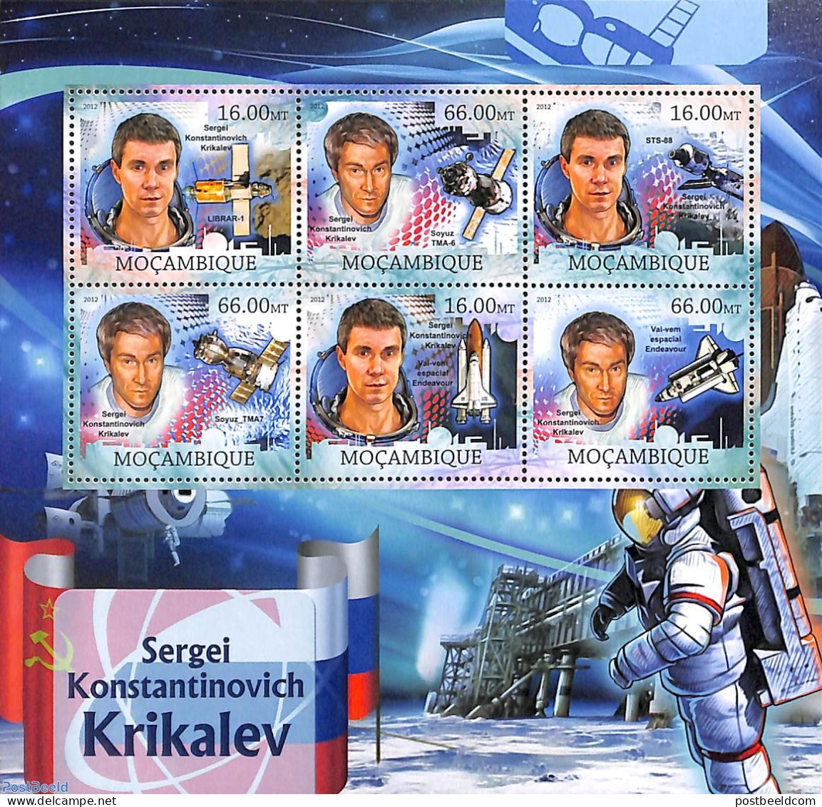 Mozambique 2012 S.G. Krikalev 6v M/s, Mint NH, Transport - Space Exploration - Mozambico