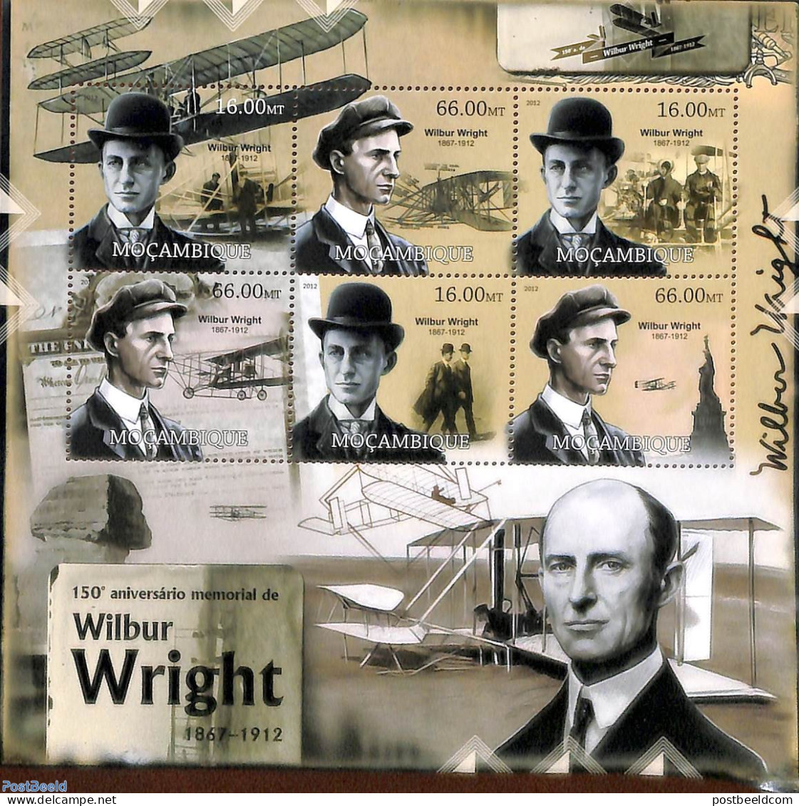 Mozambique 2012 Wilbur Wright 6v M/s, Mint NH, Science - Transport - Inventors - Aircraft & Aviation - Airplanes