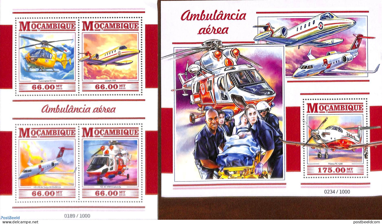 Mozambique 2015 Flying Ambulances 2 S/s, Mint NH, Health - Transport - Health - Helicopters - Aircraft & Aviation - Hélicoptères