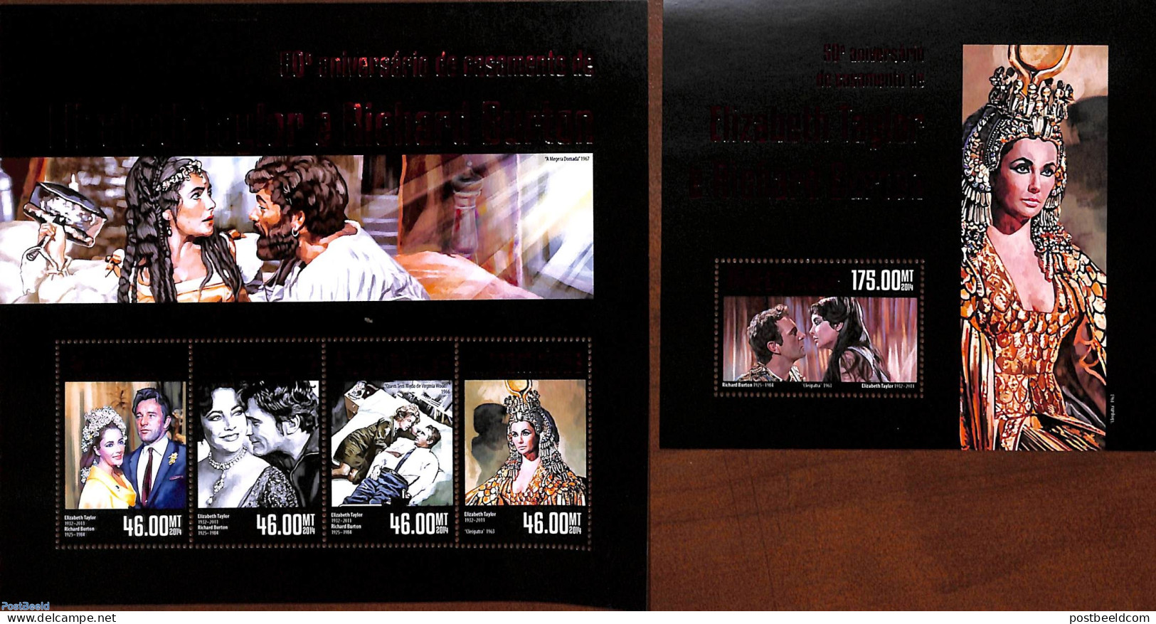 Mozambique 2014 Elizabeth Taylor & Richard Burton 2 S/s, Mint NH, Performance Art - Movie Stars - Attori